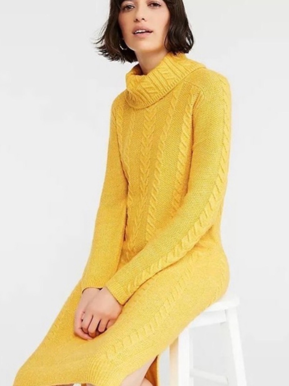 Ann Taylor Golden Yellow Cable-Knit Turtleneck Sweater Dress - Petite L